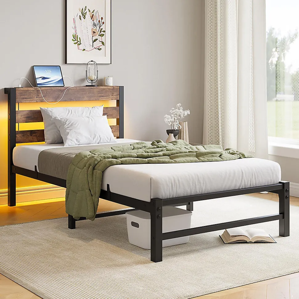 Cadre lit LED 90x200 cm, recharge USB, rangement sous matelas, structure métal