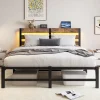 Cadre lit LED 140x200 cm, recharge USB, rangement sous matelas, métal
