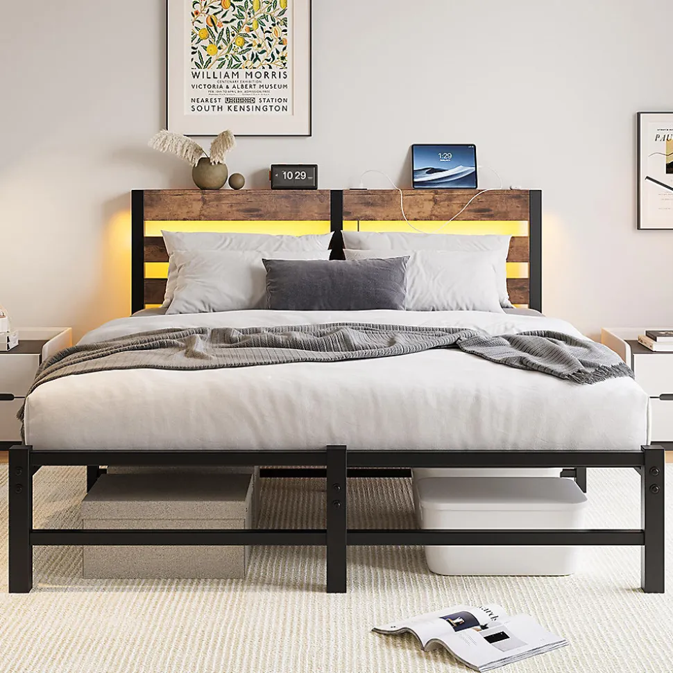 Cadre lit LED 140x200 cm, recharge USB, rangement sous matelas, métal