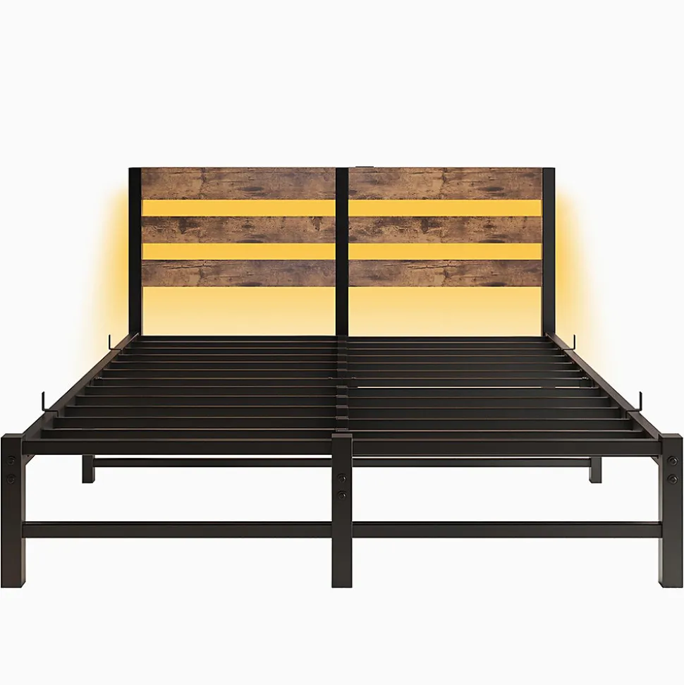 Cadre lit LED 140x200 cm, recharge USB, rangement sous matelas, métal