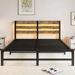 Cadre lit LED 140x200 cm, recharge USB, rangement sous matelas, métal