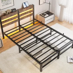 Cadre lit LED 140x200 cm, recharge USB, rangement sous matelas, métal