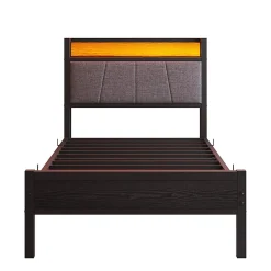 Cadre lit LED 90x200 cm, tête de lit USB, lattes métalliques, montage facile