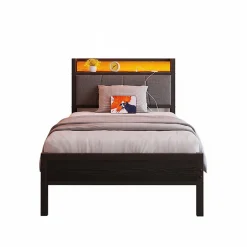 Cadre lit LED 90x200 cm, tête de lit USB, lattes métalliques, montage facile