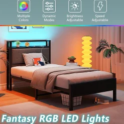 Cadre lit LED 90x200 cm, tête de lit USB, lattes métalliques, montage facile