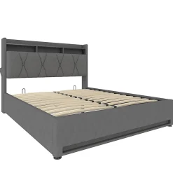 Cadre lit rembourré 160x200 cm, LED, USB-C, rangement hydraulique sous lit - gris