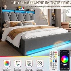 Cadre lit rembourré 160x200 cm, LED, USB-C, rangement hydraulique sous lit - gris