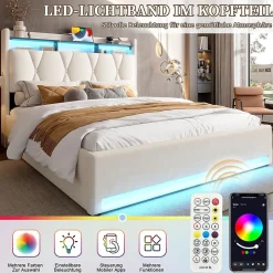 Cadre lit rembourré 140x200 cm, LED, USB-C, rangement hydraulique sous lit - beige