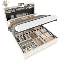 Cadre lit rembourré 140x200 cm, LED, USB-C, rangement hydraulique sous lit - beige