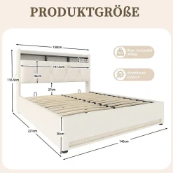 Cadre lit rembourré 140x200 cm, LED, USB-C, rangement hydraulique sous lit - beige