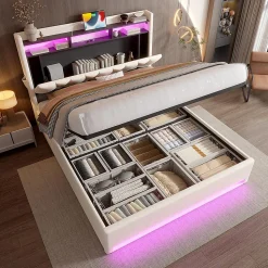 Cadre lit rembourré 140x200 cm, LED, USB-C, rangement hydraulique sous lit - beige