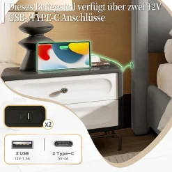 Cadre lit rembourré 140x190 cm, tête/pied hauts, USB, fer/bois - gris