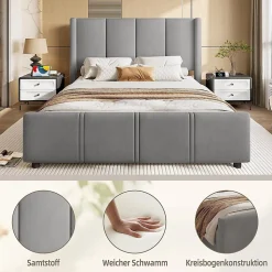 Cadre lit rembourré 140x190 cm, tête/pied hauts, USB, fer/bois - gris