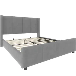 Cadre lit rembourré 140x190 cm, tête/pied hauts, USB, fer/bois - gris