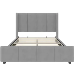 Cadre lit rembourré 140x190 cm, tête/pied hauts, USB, fer/bois - gris
