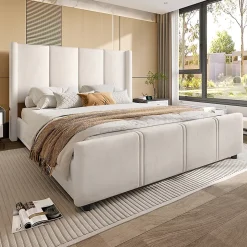 Cadre lit 140x200cm, tête/pied hauts, USB, fer + bois, beige