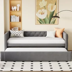 Canapé 3 places convertible 140x190 cm, couchage d'appoint en tissu, design contemporain et fonctionnel