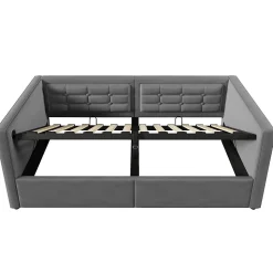 Canapé 3 places convertible en tissu avec mécanisme clic-clac, accoudoirs et style contemporain pour salon