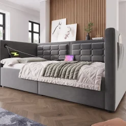 Canapé 3 places convertible en tissu avec mécanisme clic-clac, accoudoirs et style contemporain pour salon