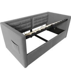 Canapé 3 places convertible en tissu avec mécanisme clic-clac, accoudoirs et style contemporain pour salon