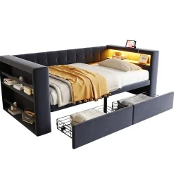 Canapé 3 places convertible 200x90x85 cm avec couchage 140x190 cm, coffre de rangement, tissu gris design