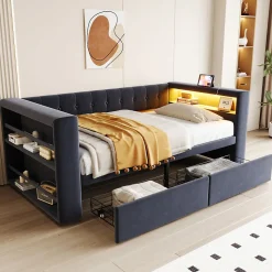 Canapé 3 places convertible 200x90x85 cm avec couchage 140x190 cm, coffre de rangement, tissu gris design