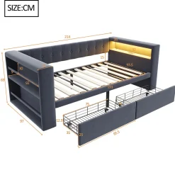 Canapé 3 places convertible 200x90x85 cm avec couchage 140x190 cm, coffre de rangement, tissu gris design