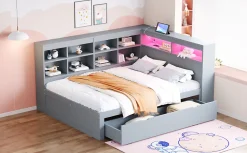 Canapé en bois massif 140x200 cm avec grands tiroirs port USB bande LED étagères rangement lit double multifonction gris