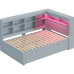 Canapé en bois massif 140x200 cm avec grands tiroirs port USB bande LED étagères rangement lit double multifonction gris