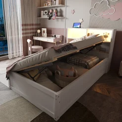 Canapé lit 90 par 200 cm avec prise multiple rangement lumineux lit hydraulique bois massif lit simple multifonction blanc