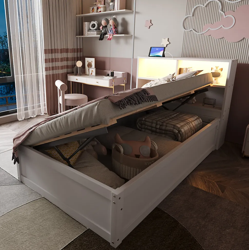 Canapé lit 90 par 200 cm avec prise multiple rangement lumineux lit hydraulique bois massif lit simple multifonction blanc