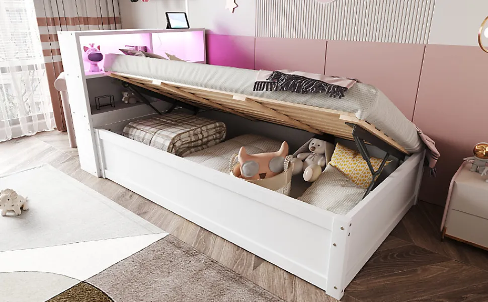 Canapé lit 90 par 200 cm avec prise multiple rangement lumineux lit hydraulique bois massif lit simple multifonction blanc