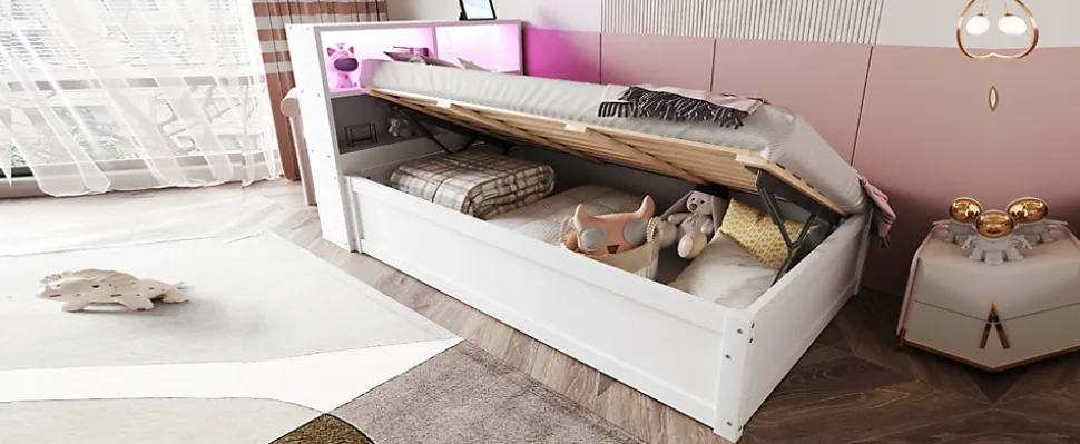 Canapé lit 90 par 200 cm avec prise multiple rangement lumineux lit hydraulique bois massif lit simple multifonction blanc