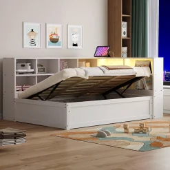 Canapé lit 90 par 200 cm avec prise multiple rangement lumineux lit hydraulique bois massif lit simple multifonction blanc