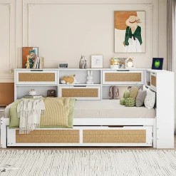 Canapé lit bois 90x200 avec lit gigogne lit simple multifonction avec rangements et prise de charge couleur blanche