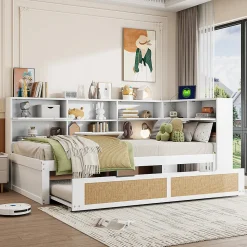 Canapé lit bois 90x200 avec lit gigogne lit simple multifonction avec rangements et prise de charge couleur blanche