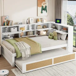 Canapé lit bois 90x200 avec lit gigogne lit simple multifonction avec rangements et prise de charge couleur blanche