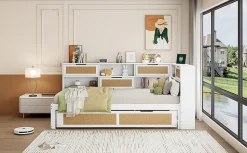 Canapé lit bois 90x200 avec lit gigogne lit simple multifonction avec rangements et prise de charge couleur blanche