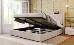 Canapé lit 180x200 cm tête de lit avec ports USB et Type C et coffre de rangement en tissu lin coton beige, structure métal