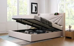 Canapé lit 180x200 cm tête de lit avec ports USB et Type C et coffre de rangement en tissu lin coton beige, structure métal