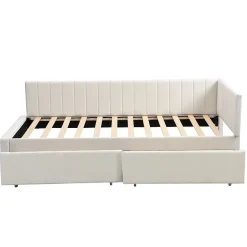 Canapé 90x200 cm avec 2 grands tiroirs revetement velours beige design mid century et structure MDF