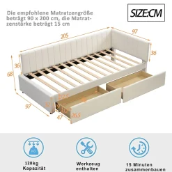 Canapé 90x200 cm avec 2 grands tiroirs revetement velours beige design mid century et structure MDF