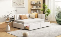 Canapé 90x200 cm avec 2 grands tiroirs revetement velours beige design mid century et structure MDF