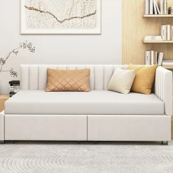 Canapé 90x200 cm avec 2 grands tiroirs revetement velours beige design mid century et structure MDF