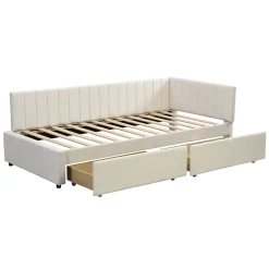 Canapé 90x200 cm avec 2 grands tiroirs revetement velours beige design mid century et structure MDF
