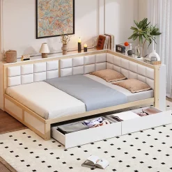 Canape lit bois 140 par 200 cm lit multifonction dossier doux tiroir rangement lit simple junior pin massif couleur bois