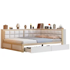 Canape lit bois 140 par 200 cm lit multifonction dossier doux tiroir rangement lit simple junior pin massif couleur bois