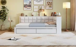 Canape lit bois 140 x 200 cm lit multifonction dossier doux grand tiroir rangement lit simple junior pin massif blanc