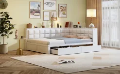 Canape lit bois 140 x 200 cm lit multifonction dossier doux grand tiroir rangement lit simple junior pin massif blanc