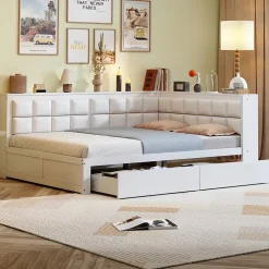 Canape lit bois 140 x 200 cm lit multifonction dossier doux grand tiroir rangement lit simple junior pin massif blanc